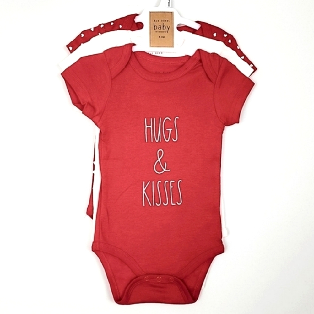 Rae Dunn Baby 3 Onesies Large Letters Red  White Print 100% Cotton Size 6-9M